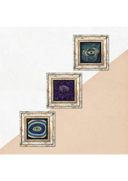 Hayat Ağacı, Nazar Taş Duvar Tablosu Çerçeveli Duvar Dekoru 3 Parça Tablo Seti Wall Art T3-1780