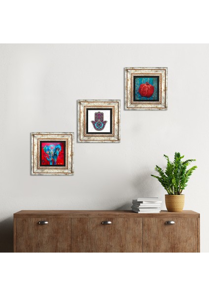 Stone Fil, Fatma Ana Eli (Hamsa), Nar Çerçeveli Taş Duvar Tablosu 3’lü Set - Dekoratif Modern Sanat, Ev ve Ofis Dekoru |TK3-180|