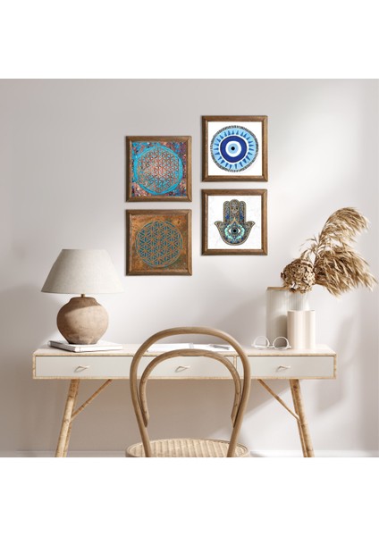 Stone Nazar, Yaşam Çiçeği, Fatma Ana Eli (Hamsa) Ahşap Çerçeveli Taş Duvar Tablosu 4’lü Set – 25x25 cm Dekoratif Modern Sanat – Ev ve Ofis Dekoru |W4-440|