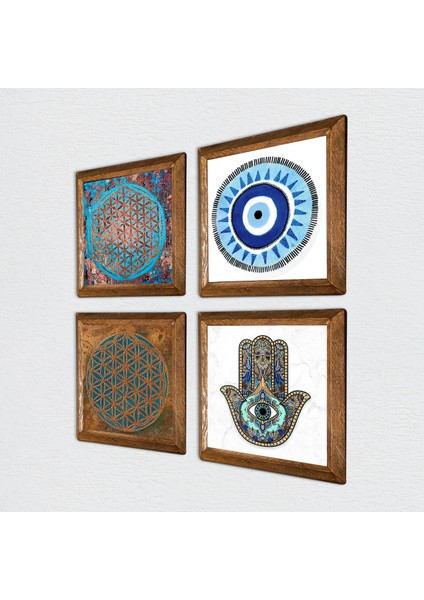Stone Nazar, Yaşam Çiçeği, Fatma Ana Eli (Hamsa) Ahşap Çerçeveli Taş Duvar Tablosu 4’lü Set – 25x25 cm Dekoratif Modern Sanat – Ev ve Ofis Dekoru |W4-440| fiyatları