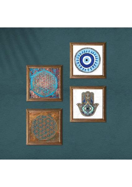 Stone Nazar, Yaşam Çiçeği, Fatma Ana Eli (Hamsa) Ahşap Çerçeveli Taş Duvar Tablosu 4’lü Set – 25x25 cm Dekoratif Modern Sanat – Ev ve Ofis Dekoru |W4-440| modelleri