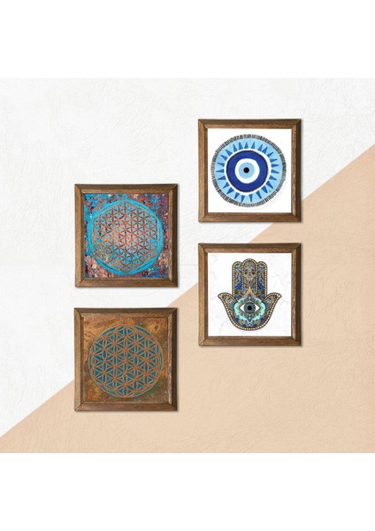 Stone Nazar, Yaşam Çiçeği, Fatma Ana Eli (Hamsa) Ahşap Çerçeveli Taş Duvar Tablosu 4’lü Set – 25x25 cm Dekoratif Modern Sanat – Ev ve Ofis Dekoru |W4-440| indirimleri