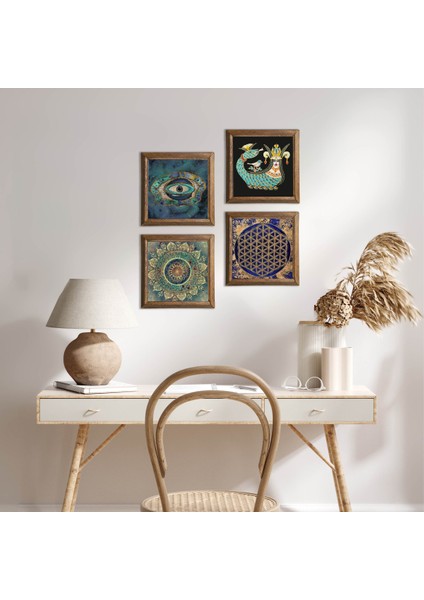 Stone Mandala, Nazar, Yaşam Çiçeği, Şahmeran Ahşap Çerçeveli Taş Duvar Tablosu 4’lü Set – 25x25 cm Dekoratif Modern Sanat – Ev ve Ofis Dekoru |W4-781|