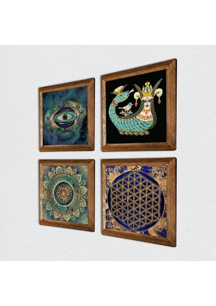 Stone Mandala, Nazar, Yaşam Çiçeği, Şahmeran Ahşap Çerçeveli Taş Duvar Tablosu 4’lü Set – 25x25 cm Dekoratif Modern Sanat – Ev ve Ofis Dekoru |W4-781| fiyatları