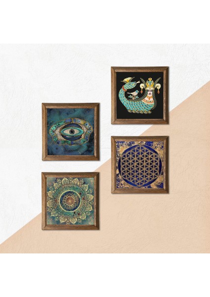 Stone Mandala, Nazar, Yaşam Çiçeği, Şahmeran Ahşap Çerçeveli Taş Duvar Tablosu 4’lü Set – 25x25 cm Dekoratif Modern Sanat – Ev ve Ofis Dekoru |W4-781| indirimleri