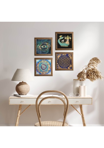 Mandala, Nazar, Yaşam Çiçeği, Şahmeran Ahşap Çerçeveli Taş Duvar Tablosu 4’lü Set – 25x25 cm Dekoratif Modern Sanat – Ev ve Ofis Dekoru |W4-787|