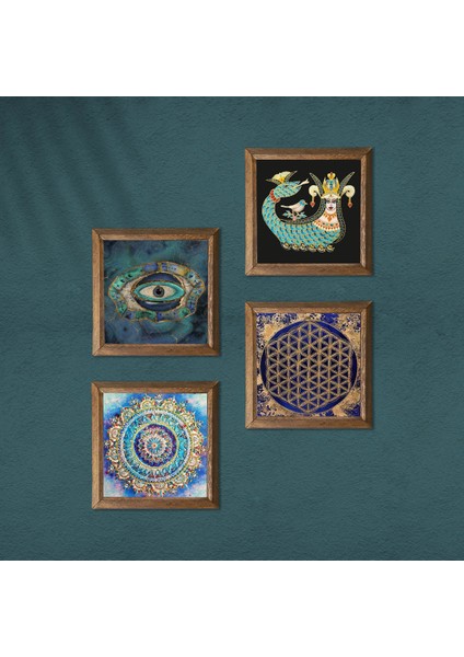 Mandala, Nazar, Yaşam Çiçeği, Şahmeran Ahşap Çerçeveli Taş Duvar Tablosu 4’lü Set – 25x25 cm Dekoratif Modern Sanat – Ev ve Ofis Dekoru |W4-787| modelleri