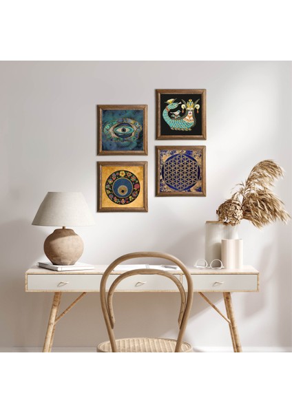 Yaşam Çiçeği, Nazar, Şahmeran Ahşap Çerçeveli Taş Duvar Tablosu 4’lü Set – 25x25 cm Dekoratif Modern Sanat – Ev ve Ofis Dekoru |W4-790|