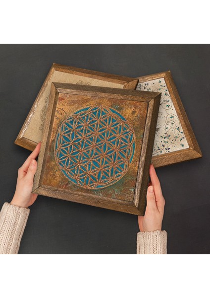 Yaşam Çiçeği, Lotus Çiçeği, Hayat Ağacı, Şahmeran Taş Duvar Tablosu Ahşap Çerçeveli Duvar Dekoru 4 Parça Tablo Seti Wall Art W4-822