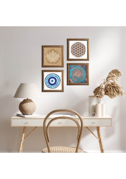Nazar, Lotus Çiçeği, Yaşam Çiçeği Ahşap Çerçeveli Taş Duvar Tablosu 4’lü Set – 25x25 cm Dekoratif Modern Sanat – Ev ve Ofis Dekoru |W4-828|