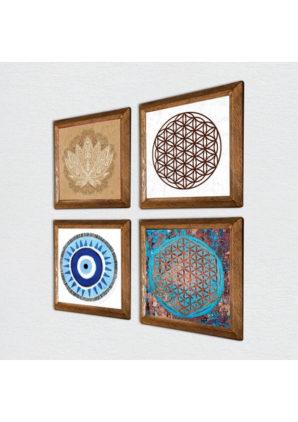 Nazar, Lotus Çiçeği, Yaşam Çiçeği Ahşap Çerçeveli Taş Duvar Tablosu 4’lü Set – 25x25 cm Dekoratif Modern Sanat – Ev ve Ofis Dekoru |W4-828| fiyatları
