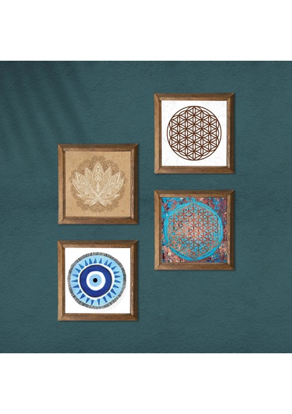Nazar, Lotus Çiçeği, Yaşam Çiçeği Ahşap Çerçeveli Taş Duvar Tablosu 4’lü Set – 25x25 cm Dekoratif Modern Sanat – Ev ve Ofis Dekoru |W4-828| modelleri