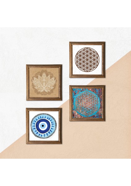Nazar, Lotus Çiçeği, Yaşam Çiçeği Ahşap Çerçeveli Taş Duvar Tablosu 4’lü Set – 25x25 cm Dekoratif Modern Sanat – Ev ve Ofis Dekoru |W4-828| indirimleri