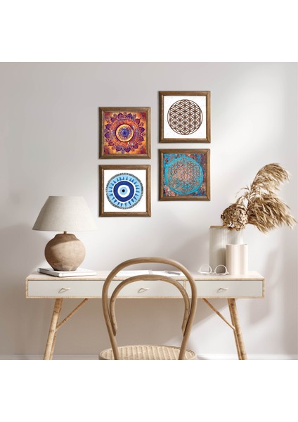 Nazar, Mandala, Yaşam Çiçeği Ahşap Çerçeveli Taş Duvar Tablosu 4’lü Set – 25x25 cm Dekoratif Modern Sanat – Ev ve Ofis Dekoru |W4-841|