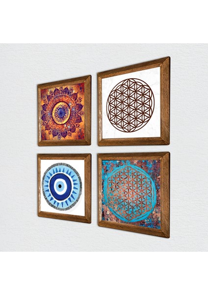 Nazar, Mandala, Yaşam Çiçeği Ahşap Çerçeveli Taş Duvar Tablosu 4’lü Set – 25x25 cm Dekoratif Modern Sanat – Ev ve Ofis Dekoru |W4-841| fiyatları