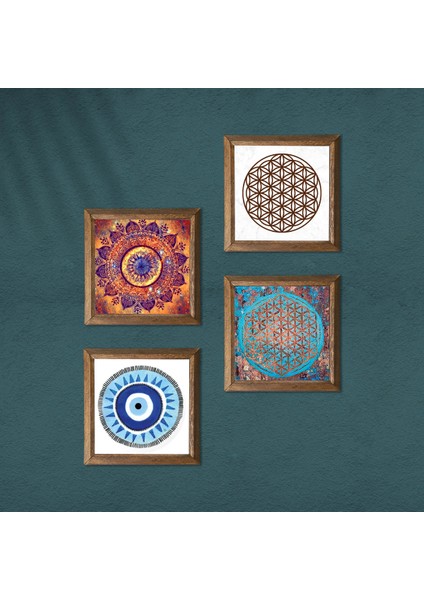 Nazar, Mandala, Yaşam Çiçeği Ahşap Çerçeveli Taş Duvar Tablosu 4’lü Set – 25x25 cm Dekoratif Modern Sanat – Ev ve Ofis Dekoru |W4-841| modelleri