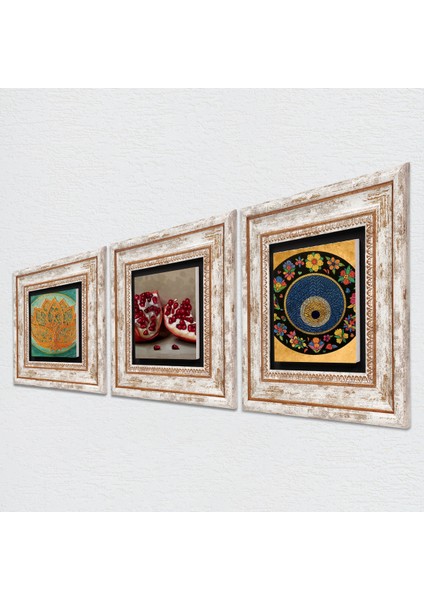 Lotus Çiçeği, Nazar, Nar Taş Duvar Tablosu Çerçeveli Duvar Dekoru 3 Parça Tablo Seti Wall Art T3-1608