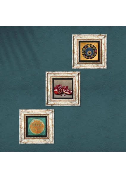 Lotus Çiçeği, Nazar, Nar Taş Duvar Tablosu Çerçeveli Duvar Dekoru 3 Parça Tablo Seti Wall Art T3-1608
