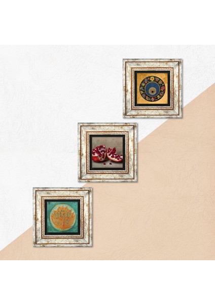 Lotus Çiçeği, Nazar, Nar Taş Duvar Tablosu Çerçeveli Duvar Dekoru 3 Parça Tablo Seti Wall Art T3-1608
