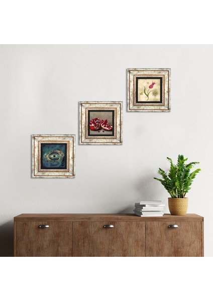 Nazar, Lale Ebru Sanatı, Nar Taş Duvar Tablosu Çerçeveli Duvar Dekoru 3 Parça Tablo Seti Wall Art T3-1633