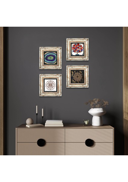 Nazar, Sri Yantra, Nar Ağacı Taş Duvar Tablosu Çerçeveli Duvar Dekoru 4 Parça Tablo Seti Wall Art T4-1018