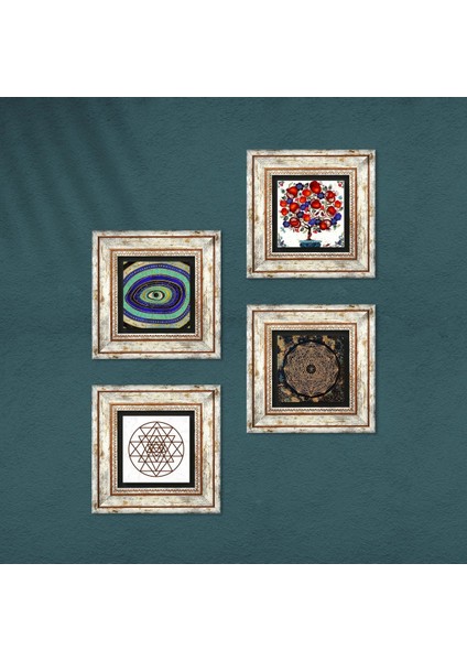 Nazar, Sri Yantra, Nar Ağacı Taş Duvar Tablosu Çerçeveli Duvar Dekoru 4 Parça Tablo Seti Wall Art T4-1018 fırsatları