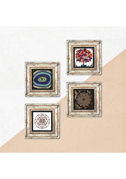 Nazar, Sri Yantra, Nar Ağacı Taş Duvar Tablosu Çerçeveli Duvar Dekoru 4 Parça Tablo Seti Wall Art T4-1018 indirimleri