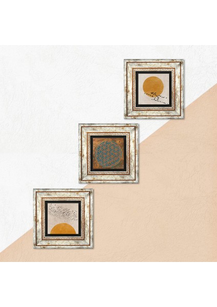 Minimalist, Yaşam Çiçeği Çerçeveli Taş Duvar Tablosu 3’lü Set - Dekoratif Modern Sanat, Ev ve Ofis Dekoru |TK3-1933| indirimleri