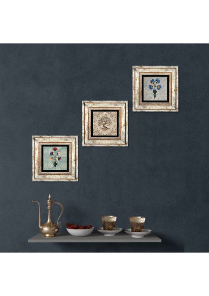 Ebru Sanatı, Hayat Ağacı Taş Duvar Tablosu Çerçeveli Duvar Dekoru 3 Parça Tablo Seti Wall Art T3-194