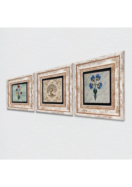 Ebru Sanatı, Hayat Ağacı Taş Duvar Tablosu Çerçeveli Duvar Dekoru 3 Parça Tablo Seti Wall Art T3-194