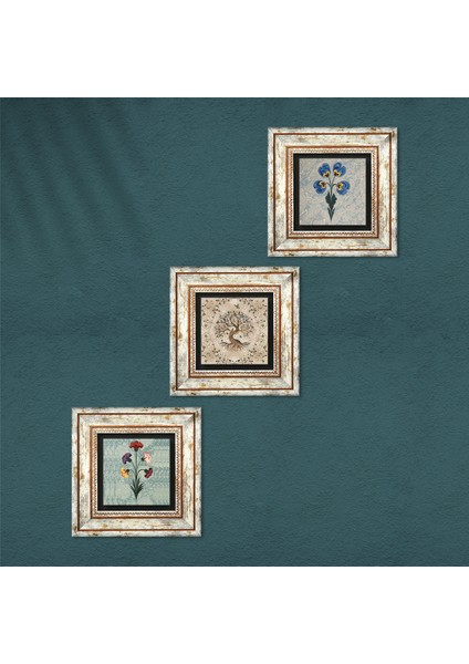 Ebru Sanatı, Hayat Ağacı Taş Duvar Tablosu Çerçeveli Duvar Dekoru 3 Parça Tablo Seti Wall Art T3-194