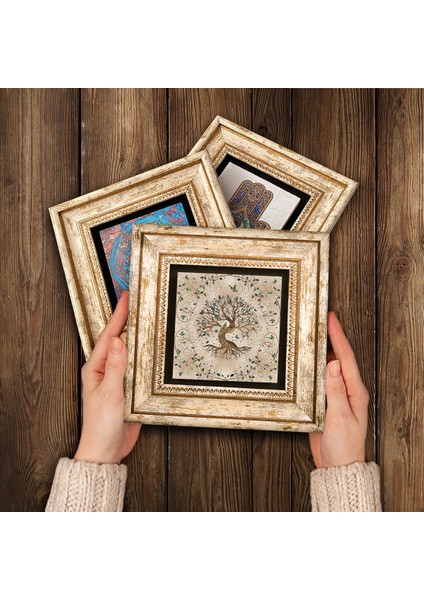 Ebru Sanatı, Hayat Ağacı Taş Duvar Tablosu Çerçeveli Duvar Dekoru 3 Parça Tablo Seti Wall Art T3-194