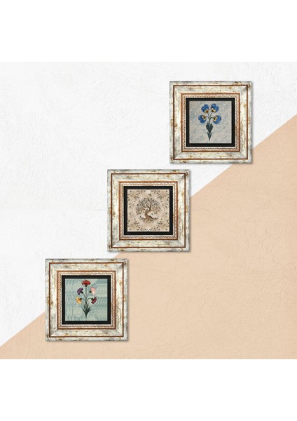 Ebru Sanatı, Hayat Ağacı Taş Duvar Tablosu Çerçeveli Duvar Dekoru 3 Parça Tablo Seti Wall Art T3-194