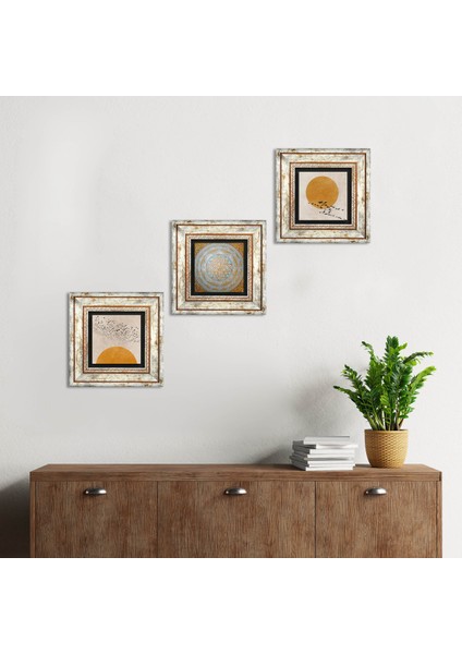 Stone Minimalist, Sri Yantra Çerçeveli Taş Duvar Tablosu 3’lü Set - Dekoratif Modern Sanat, Ev ve Ofis Dekoru |TK3-1941|