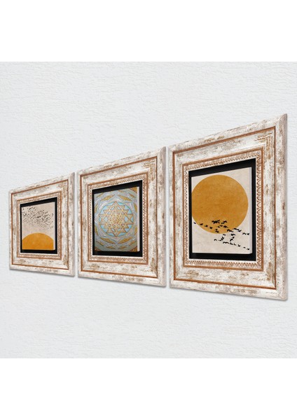 Stone Minimalist, Sri Yantra Çerçeveli Taş Duvar Tablosu 3’lü Set - Dekoratif Modern Sanat, Ev ve Ofis Dekoru |TK3-1941| fiyatları