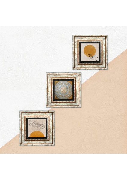 Stone Minimalist, Sri Yantra Çerçeveli Taş Duvar Tablosu 3’lü Set - Dekoratif Modern Sanat, Ev ve Ofis Dekoru |TK3-1941| indirimleri