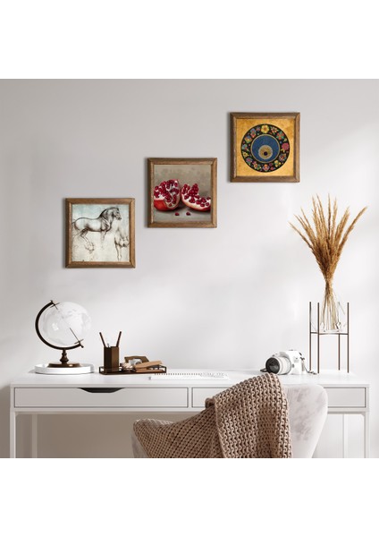 Nazar Boncuğu, Leonardo da Vinci At Heykeli, Nar Taş Duvar Tablosu Ahşap Çerçeveli Duvar Dekoru 3 Parça Tablo Seti Wall Art W3-1303