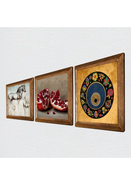 Nazar Boncuğu, Leonardo da Vinci At Heykeli, Nar Taş Duvar Tablosu Ahşap Çerçeveli Duvar Dekoru 3 Parça Tablo Seti Wall Art W3-1303