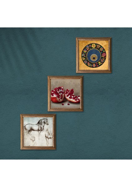 Nazar Boncuğu, Leonardo da Vinci At Heykeli, Nar Taş Duvar Tablosu Ahşap Çerçeveli Duvar Dekoru 3 Parça Tablo Seti Wall Art W3-1303