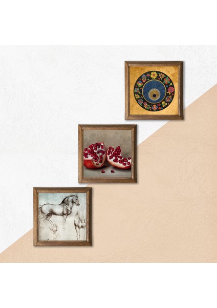 Nazar Boncuğu, Leonardo da Vinci At Heykeli, Nar Taş Duvar Tablosu Ahşap Çerçeveli Duvar Dekoru 3 Parça Tablo Seti Wall Art W3-1303