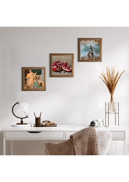 Stone İstanbul Galata Kulesi, İki Müzisyen Kız Tablosu, Nar Ahşap Çerçeveli Taş Duvar Tablosu 3’lü Set – 25x25 cm Dekoratif Modern Sanat – Ev ve Ofis Dekoru |W3-1476|
