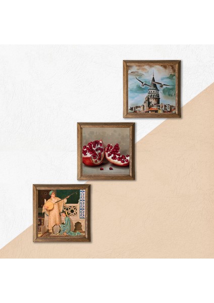 Stone İstanbul Galata Kulesi, İki Müzisyen Kız Tablosu, Nar Ahşap Çerçeveli Taş Duvar Tablosu 3’lü Set – 25x25 cm Dekoratif Modern Sanat – Ev ve Ofis Dekoru |W3-1476| indirimleri