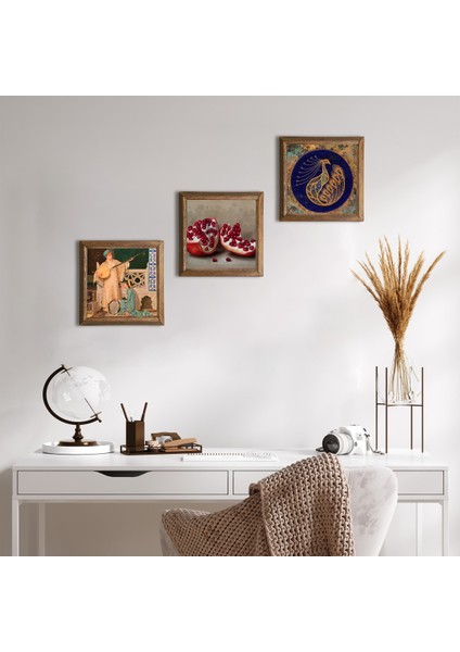 Tavus Kuşu, İki Müzisyen Kız Tablosu, Nar Taş Duvar Tablosu Ahşap Çerçeveli Duvar Dekoru 3 Parça Tablo Seti Wall Art W3-1488