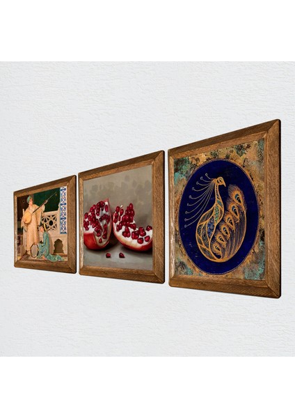 Tavus Kuşu, İki Müzisyen Kız Tablosu, Nar Taş Duvar Tablosu Ahşap Çerçeveli Duvar Dekoru 3 Parça Tablo Seti Wall Art W3-1488
