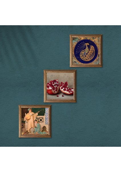 Tavus Kuşu, İki Müzisyen Kız Tablosu, Nar Taş Duvar Tablosu Ahşap Çerçeveli Duvar Dekoru 3 Parça Tablo Seti Wall Art W3-1488