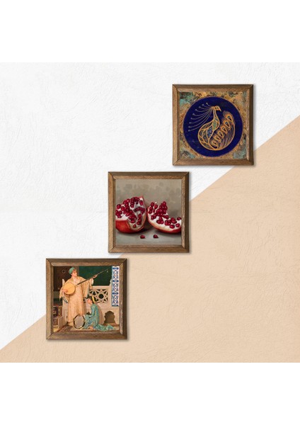 Tavus Kuşu, İki Müzisyen Kız Tablosu, Nar Taş Duvar Tablosu Ahşap Çerçeveli Duvar Dekoru 3 Parça Tablo Seti Wall Art W3-1488