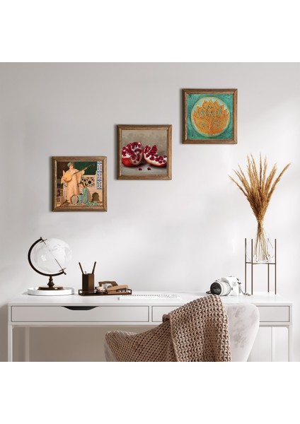 Lotus Çiçeği, İki Müzisyen Kız Tablosu, Nar Taş Duvar Tablosu Ahşap Çerçeveli Duvar Dekoru 3 Parça Tablo Seti Wall Art W3-1489
