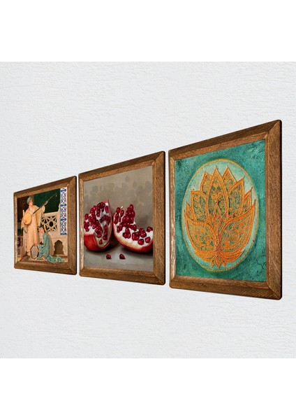 Lotus Çiçeği, İki Müzisyen Kız Tablosu, Nar Taş Duvar Tablosu Ahşap Çerçeveli Duvar Dekoru 3 Parça Tablo Seti Wall Art W3-1489