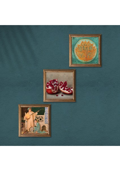 Lotus Çiçeği, İki Müzisyen Kız Tablosu, Nar Taş Duvar Tablosu Ahşap Çerçeveli Duvar Dekoru 3 Parça Tablo Seti Wall Art W3-1489