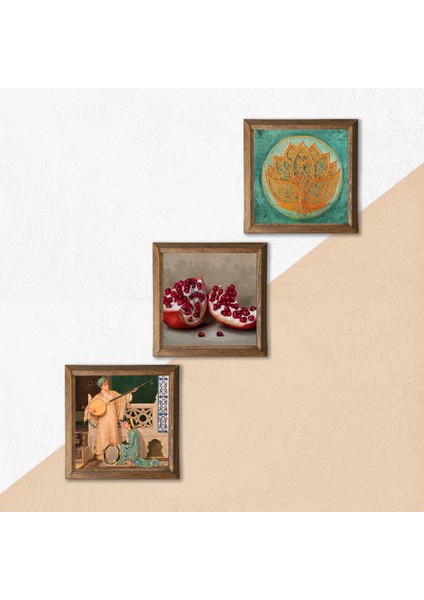 Lotus Çiçeği, İki Müzisyen Kız Tablosu, Nar Taş Duvar Tablosu Ahşap Çerçeveli Duvar Dekoru 3 Parça Tablo Seti Wall Art W3-1489